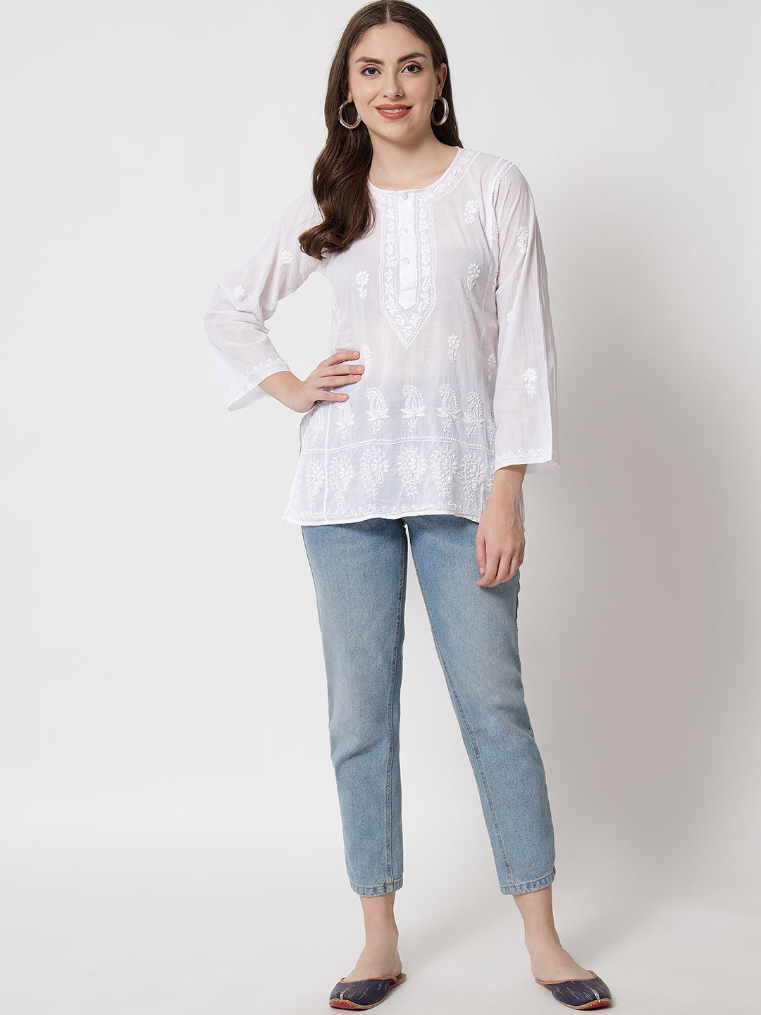 White Hand Embroidered Chikankari Cotton Chikankari Sustainable Kurti-AL1769