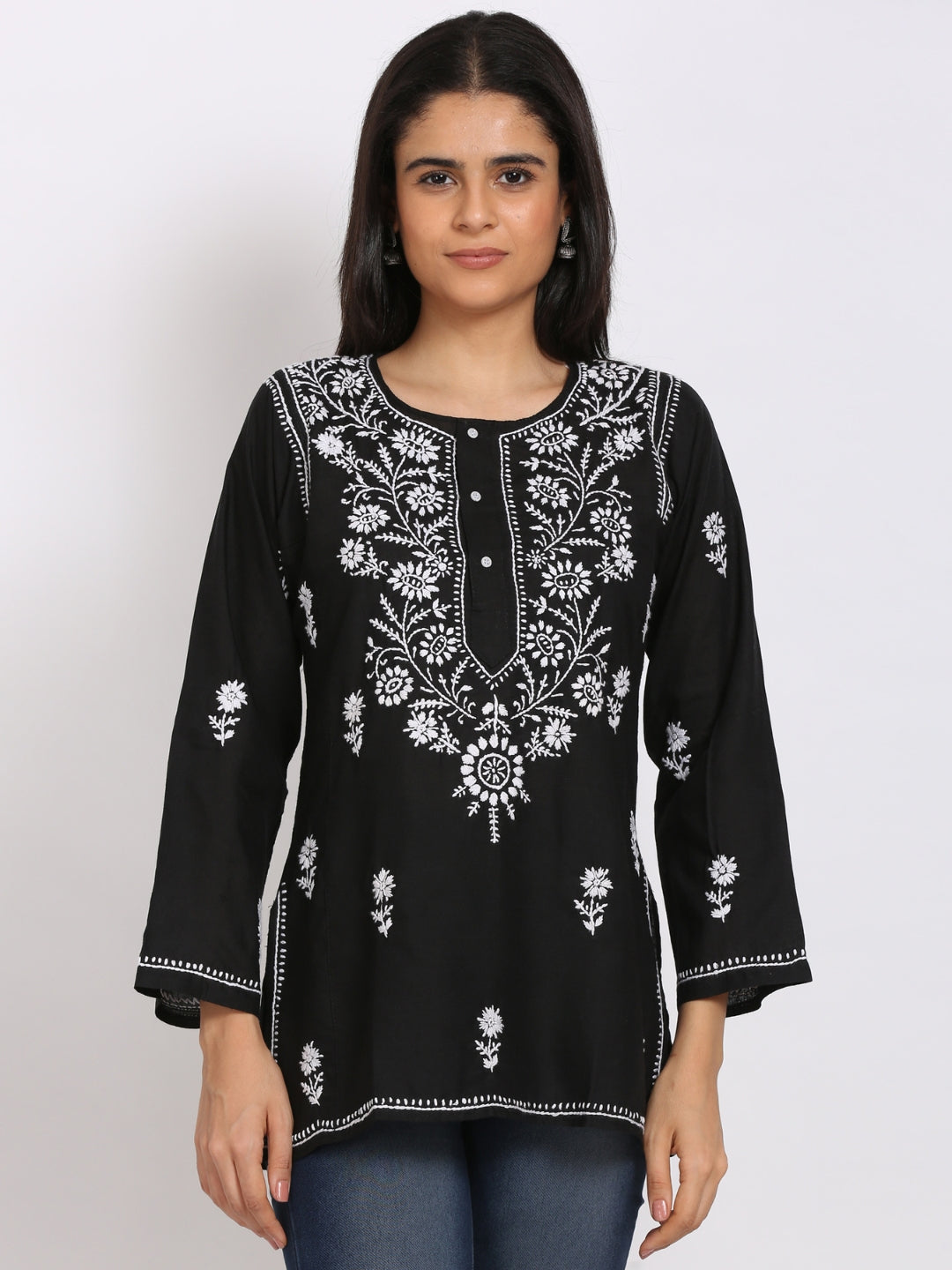 Women Hand Embroidered Chikankari Cotton Kurti-ALSTV115 Black