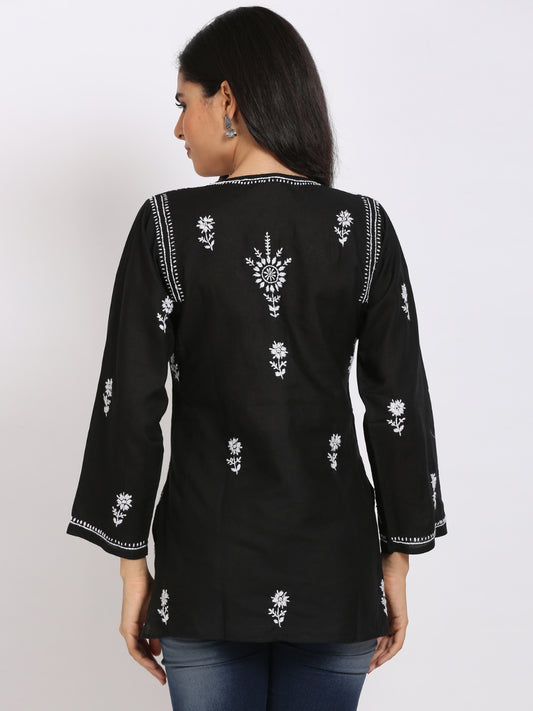 Women Hand Embroidered Chikankari Cotton Kurti-ALSTV115 Black