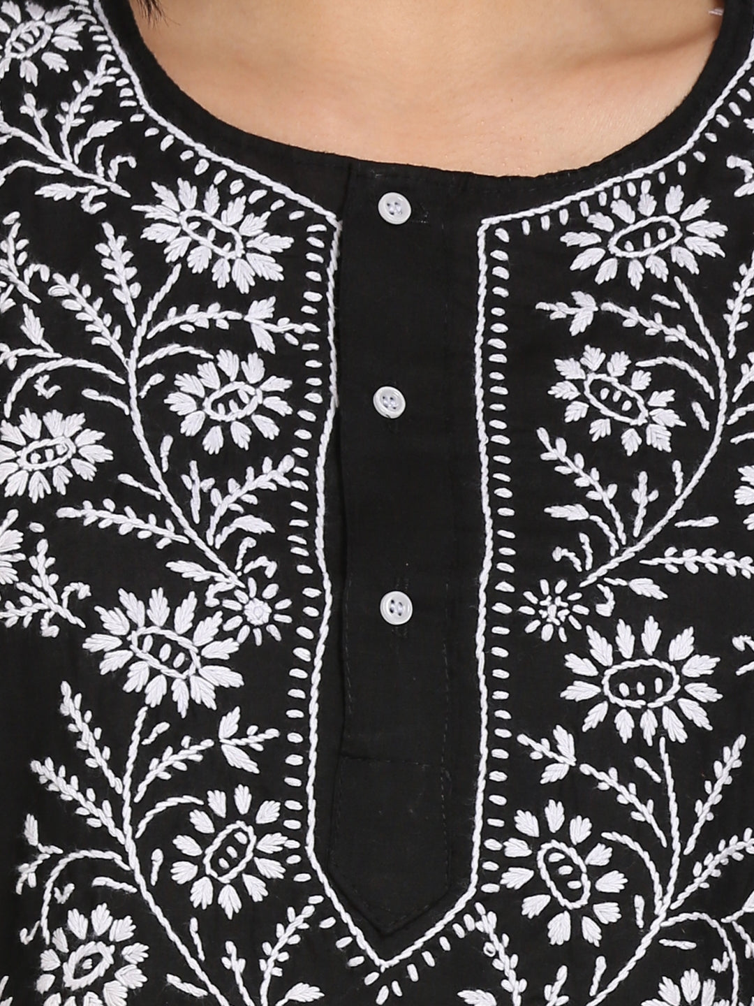 Women Hand Embroidered Chikankari Cotton Kurti-ALSTV115 Black