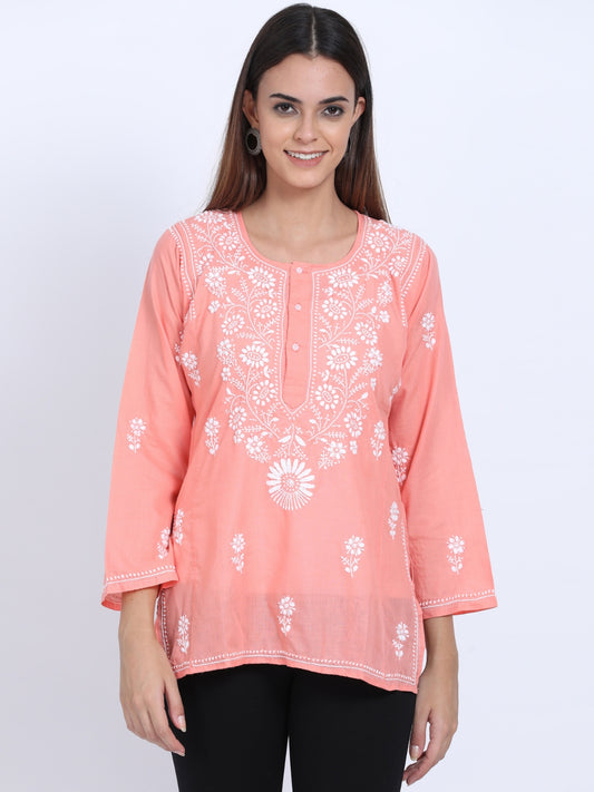 Women Hand Embroidered Chikankari Cotton Kurti-ALSTV115 Peach