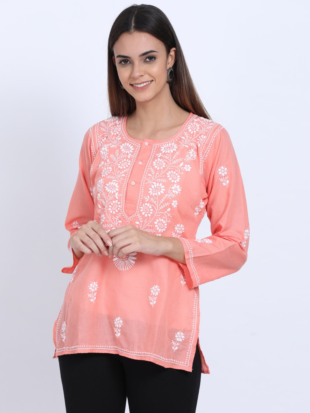Women Hand Embroidered Chikankari Cotton Kurti-ALSTV115 Peach