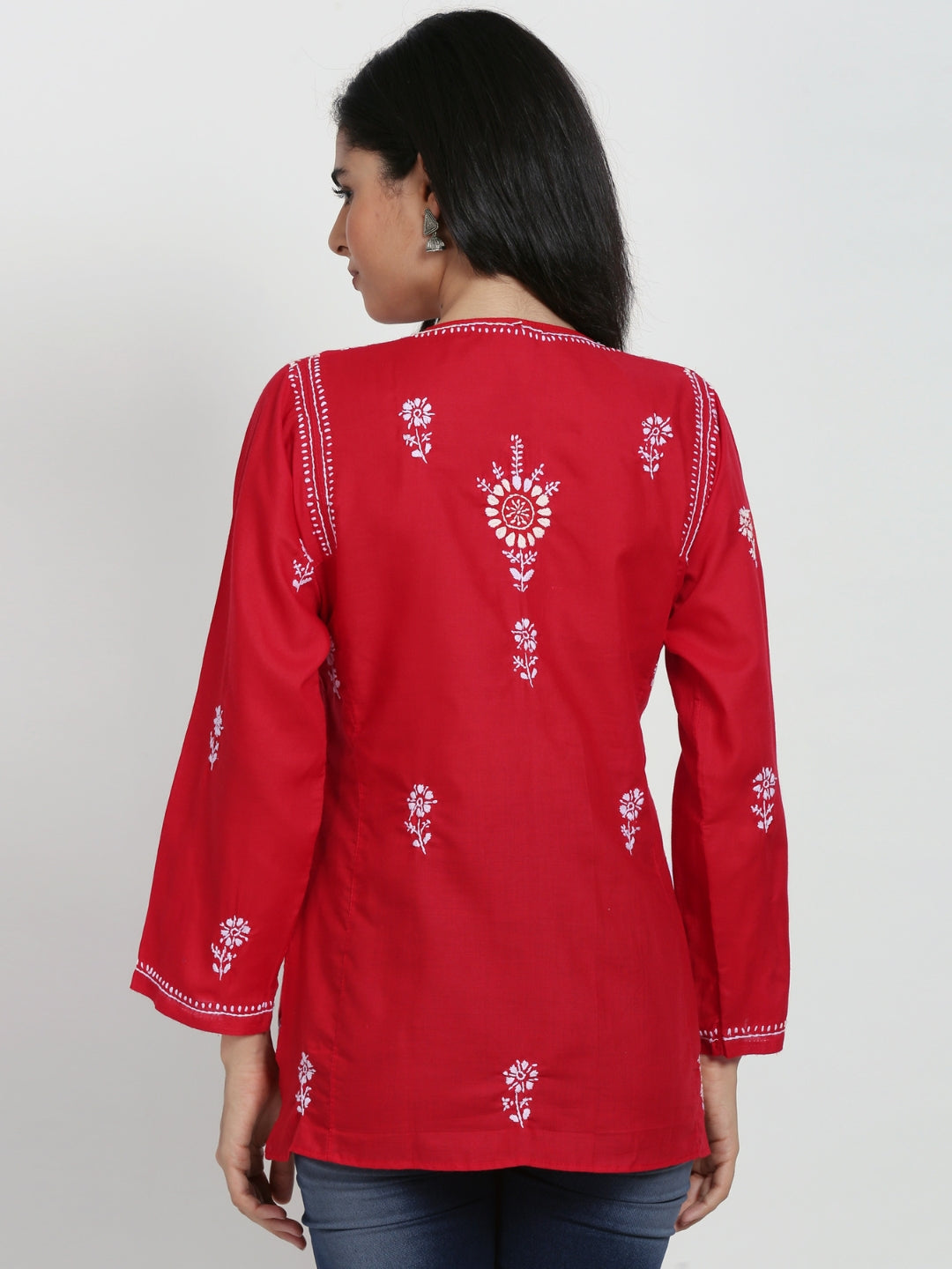 Women Hand Embroidered Chikankari Cotton Kurti-ALSTV115 Red
