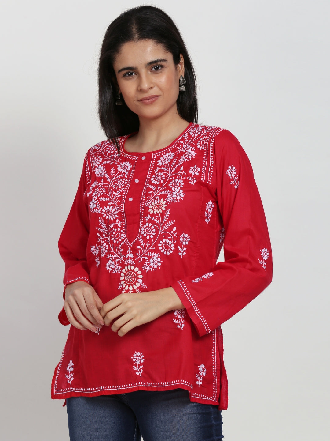 Women Hand Embroidered Chikankari Cotton Kurti-ALSTV115 Red