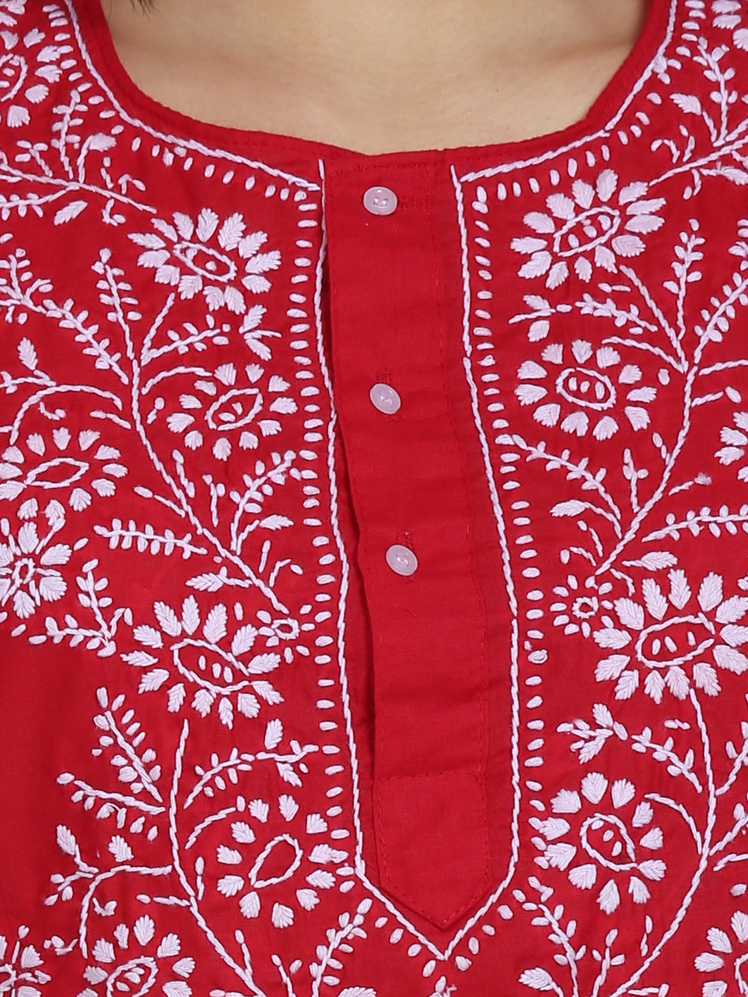 Women Hand Embroidered Chikankari Cotton Kurti-ALSTV115 Red