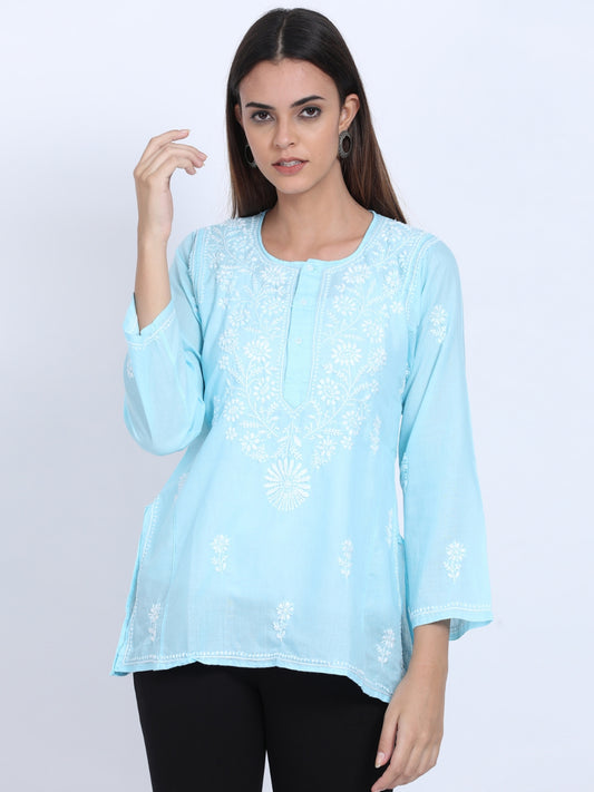 Women Hand Embroidered Chikankari Cotton Kurti-ALSTV115 Skyblue