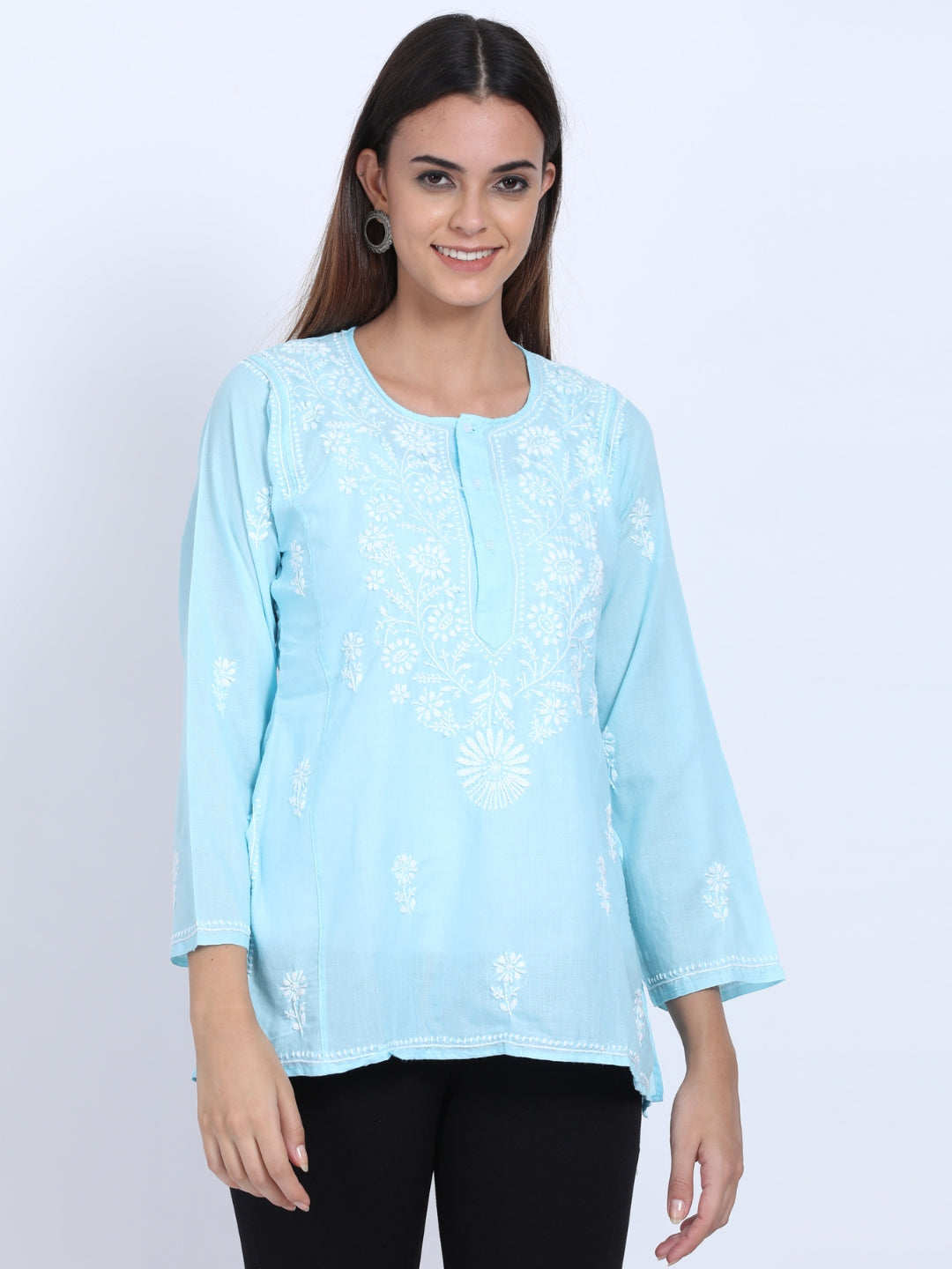 Women Hand Embroidered Chikankari Cotton Kurti-ALSTV115 Skyblue