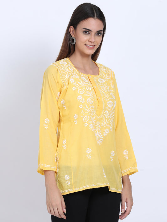 Women Hand Embroidered Chikankari Cotton Kurti-ALSTV115 Yellow
