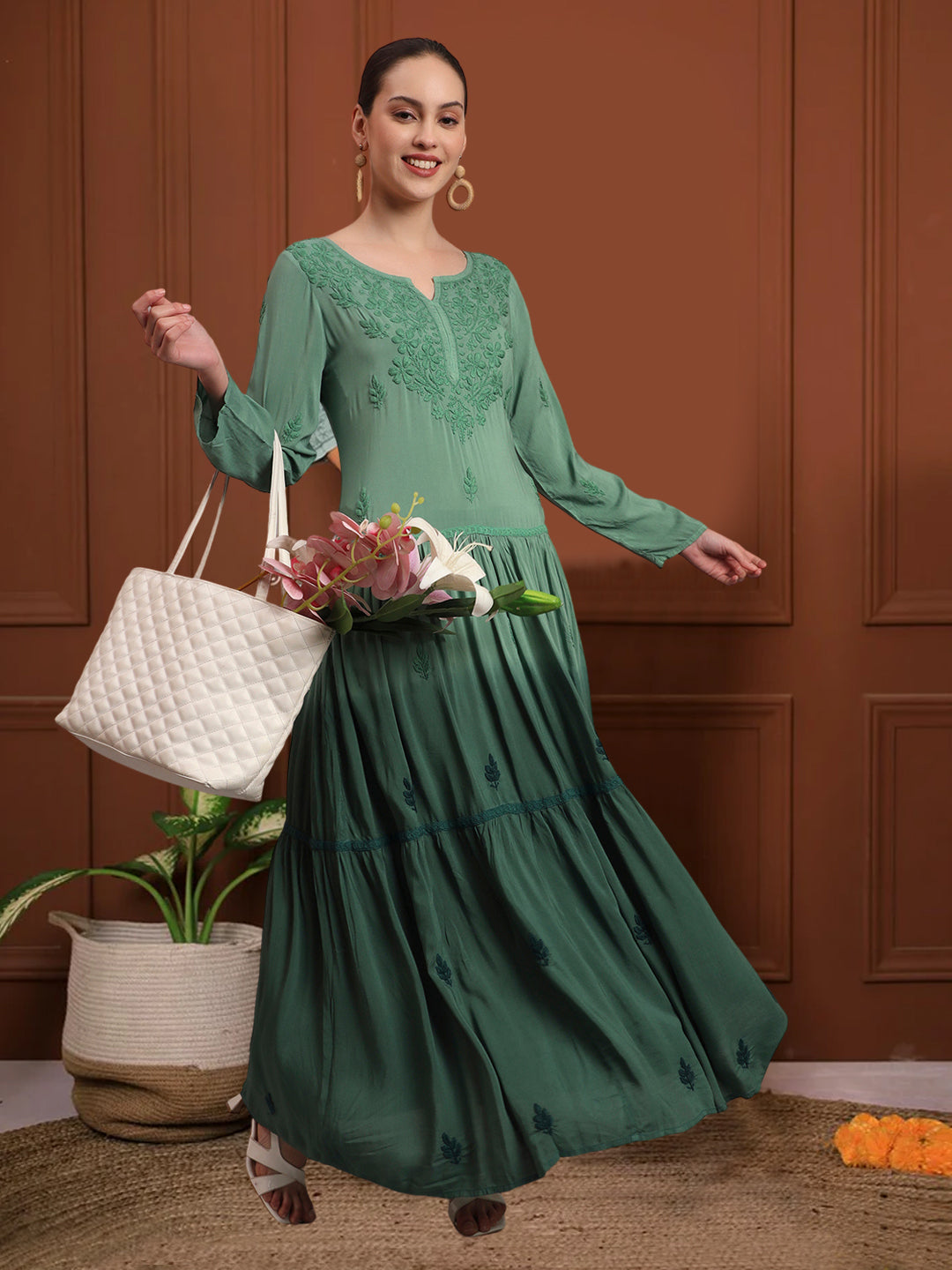 Hand Embroidered Chikankari Modal Ombre Jalabiya-AL4047 Green