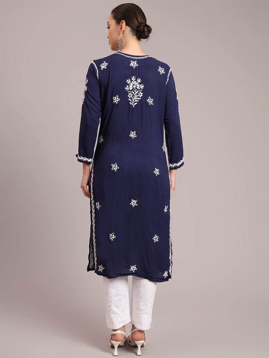 Women Hand Embroidered Chikankari Modal Kurta-AL4059 Navy