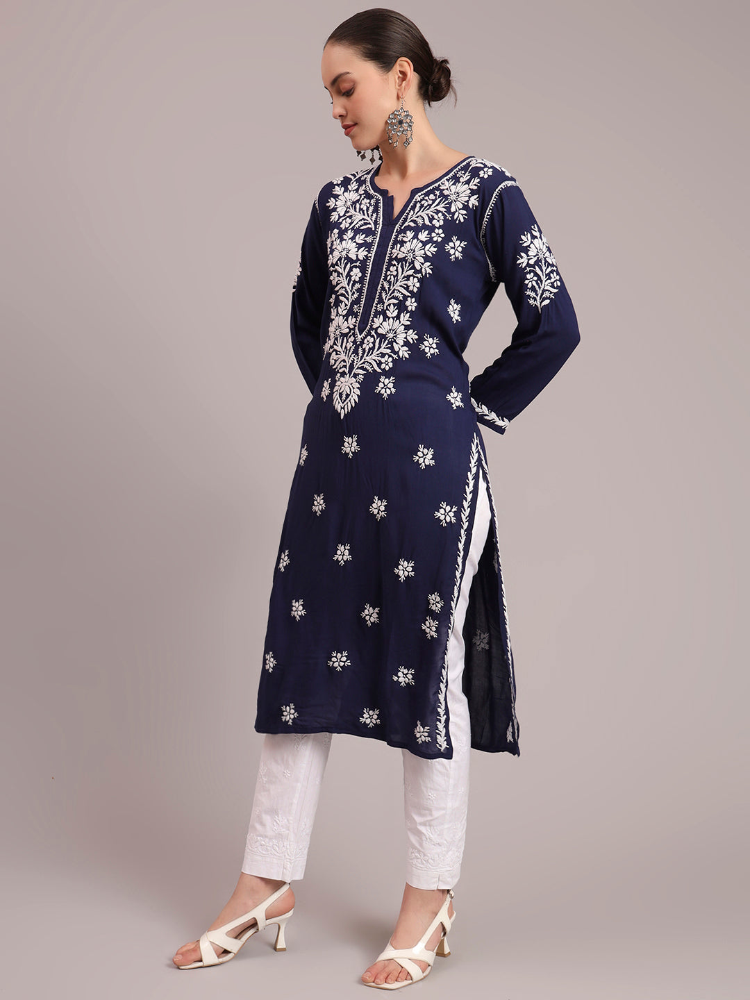 Women Hand Embroidered Chikankari Modal Kurta-AL4059 Navy