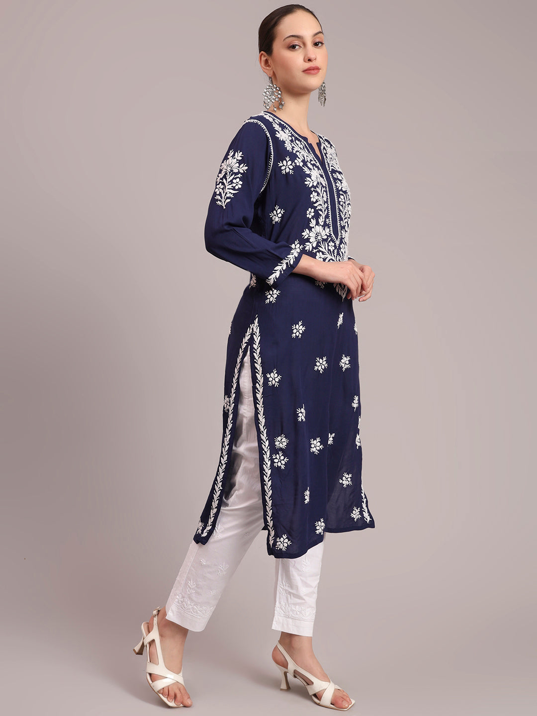 Women Hand Embroidered Chikankari Modal Kurta-AL4059 Navy