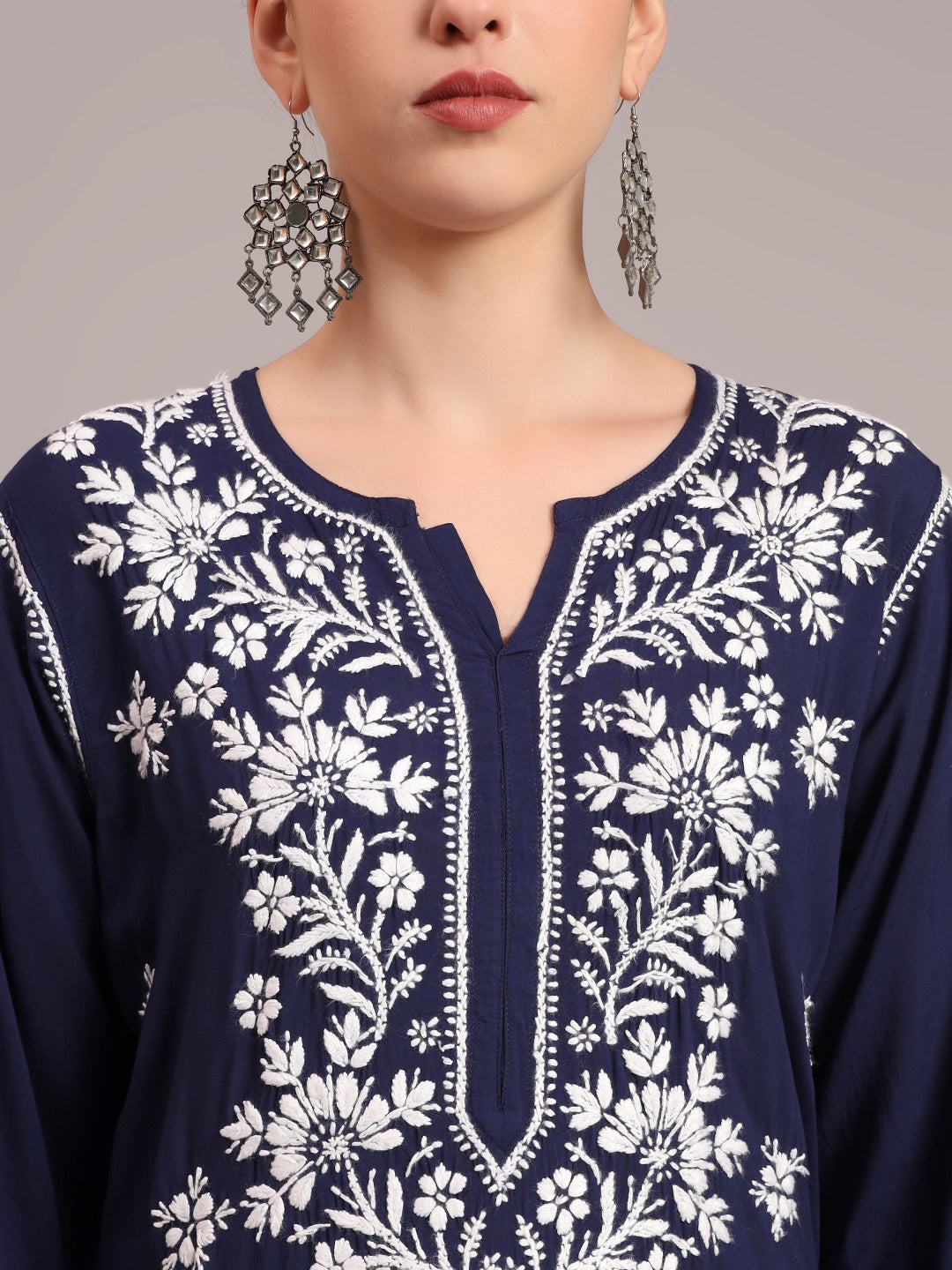 Women Hand Embroidered Chikankari Modal Kurta-AL4059 Navy