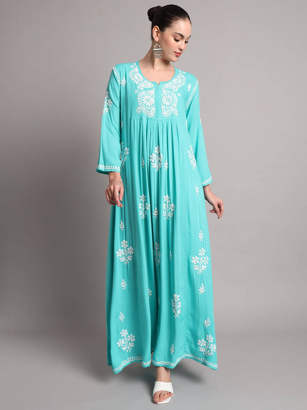 Hand Embroidered Chikankari A-Line Gathering Pattern Rayon Jalabiya-AL4012