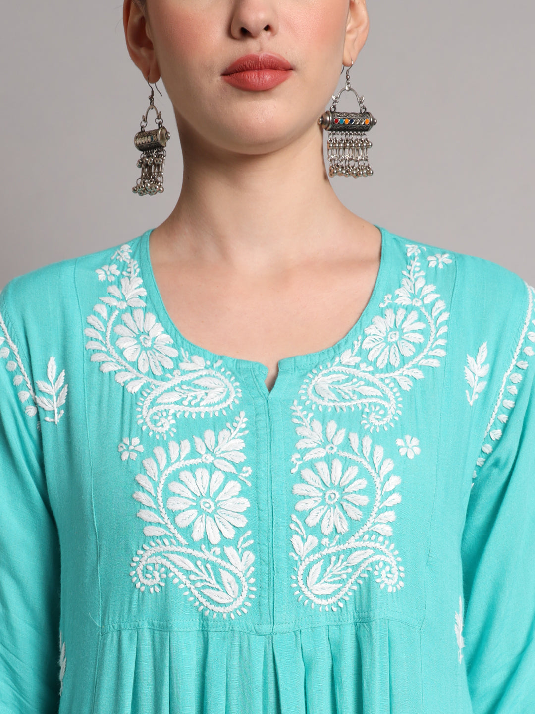 Hand Embroidered Chikankari A-Line Gathering Pattern Rayon Jalabiya-AL4012 Seagreen