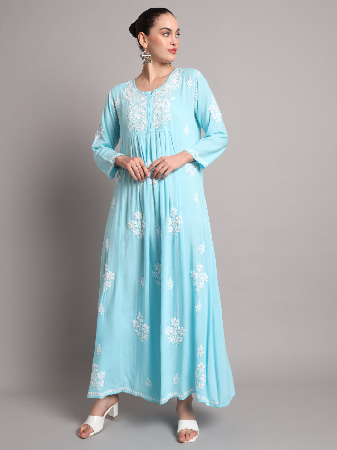 Hand Embroidered Chikankari A-Line Gathering Pattern Rayon Jalabiya-AL4012