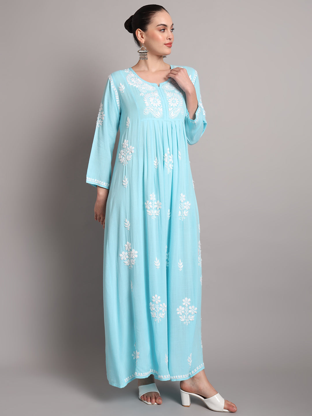 Hand Embroidered Chikankari A-Line Gathering Pattern Rayon Jalabiya-AL4012