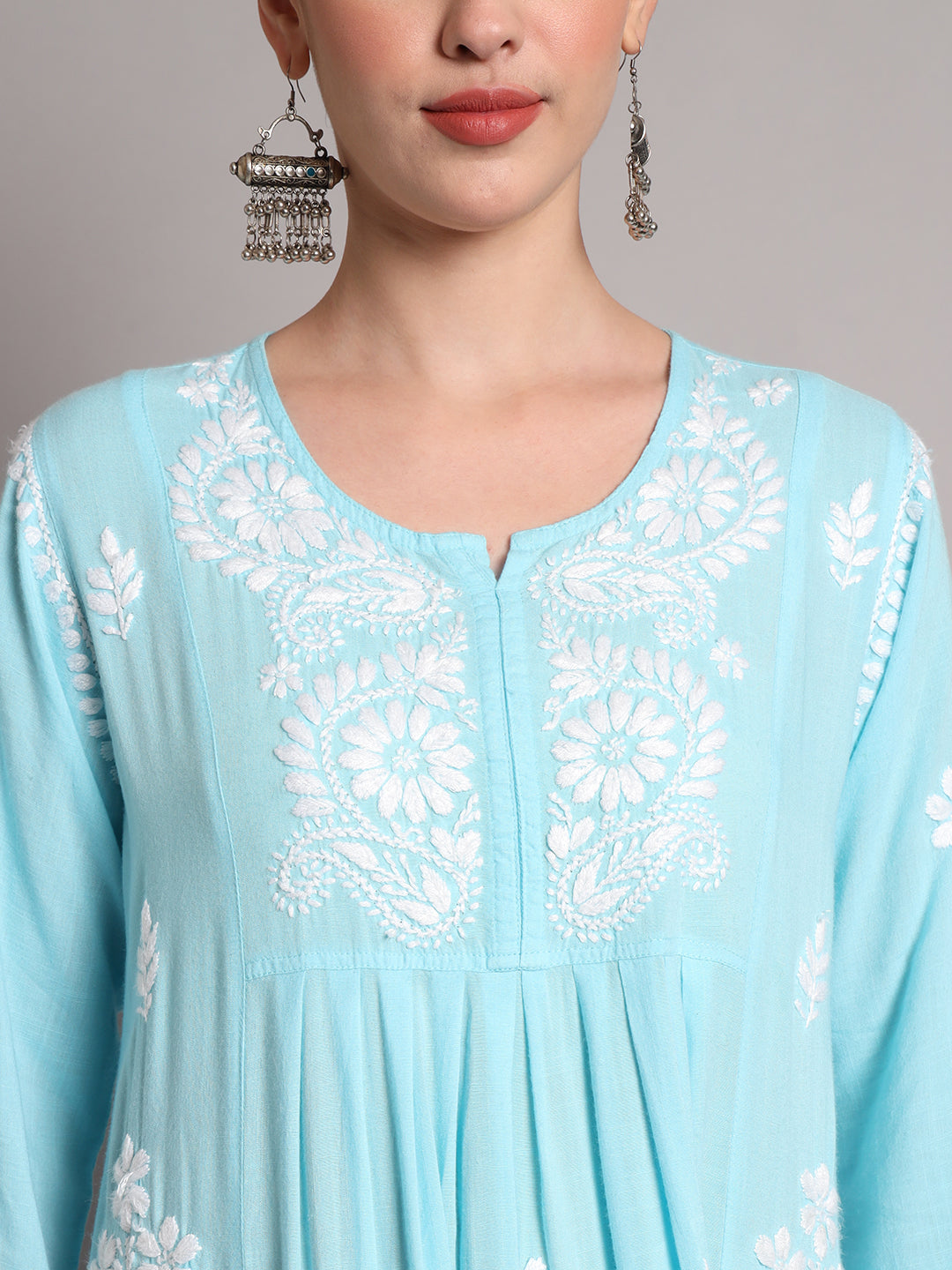 Hand Embroidered Chikankari A-Line Gathering Pattern Rayon Jalabiya-AL4012
