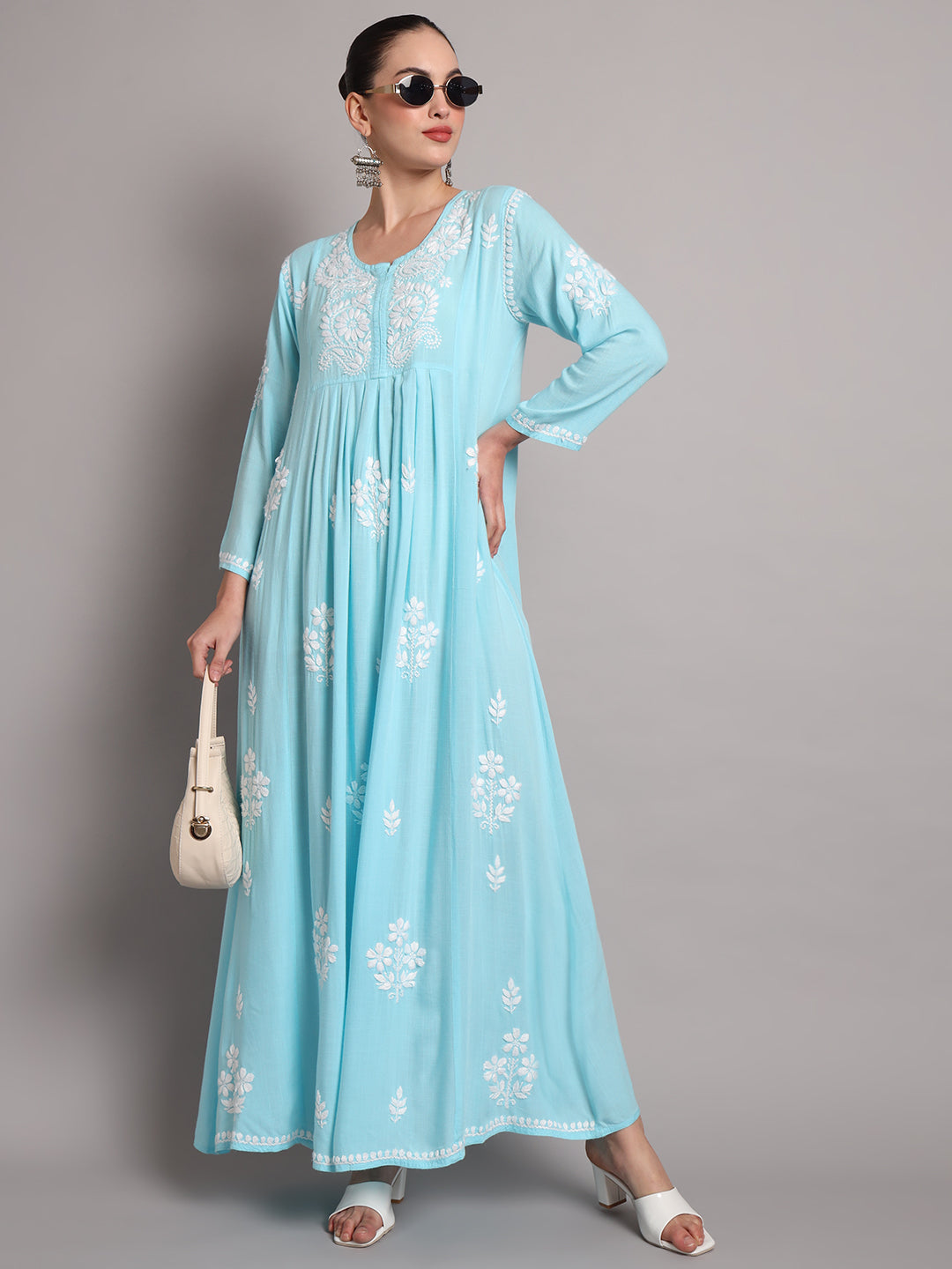 Hand Embroidered Chikankari A-Line Gathering Pattern Rayon Jalabiya-AL4012