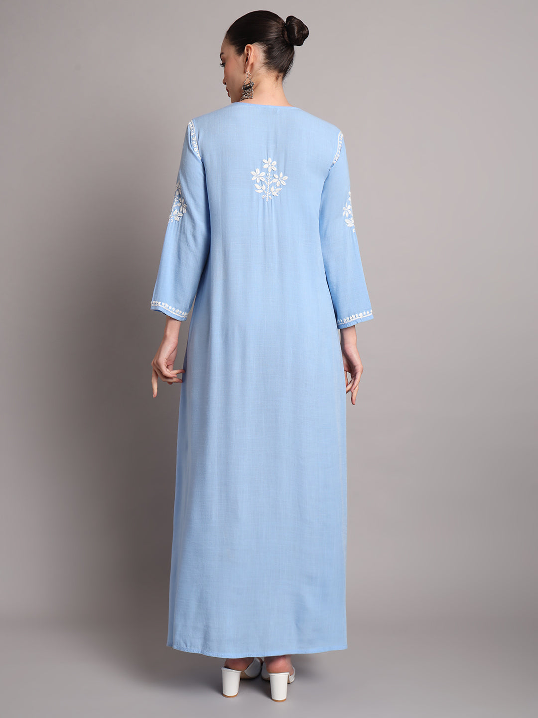 Hand Embroidered Chikankari A-Line Gathering Pattern Rayon Jalabiya-AL4012 Denimblue