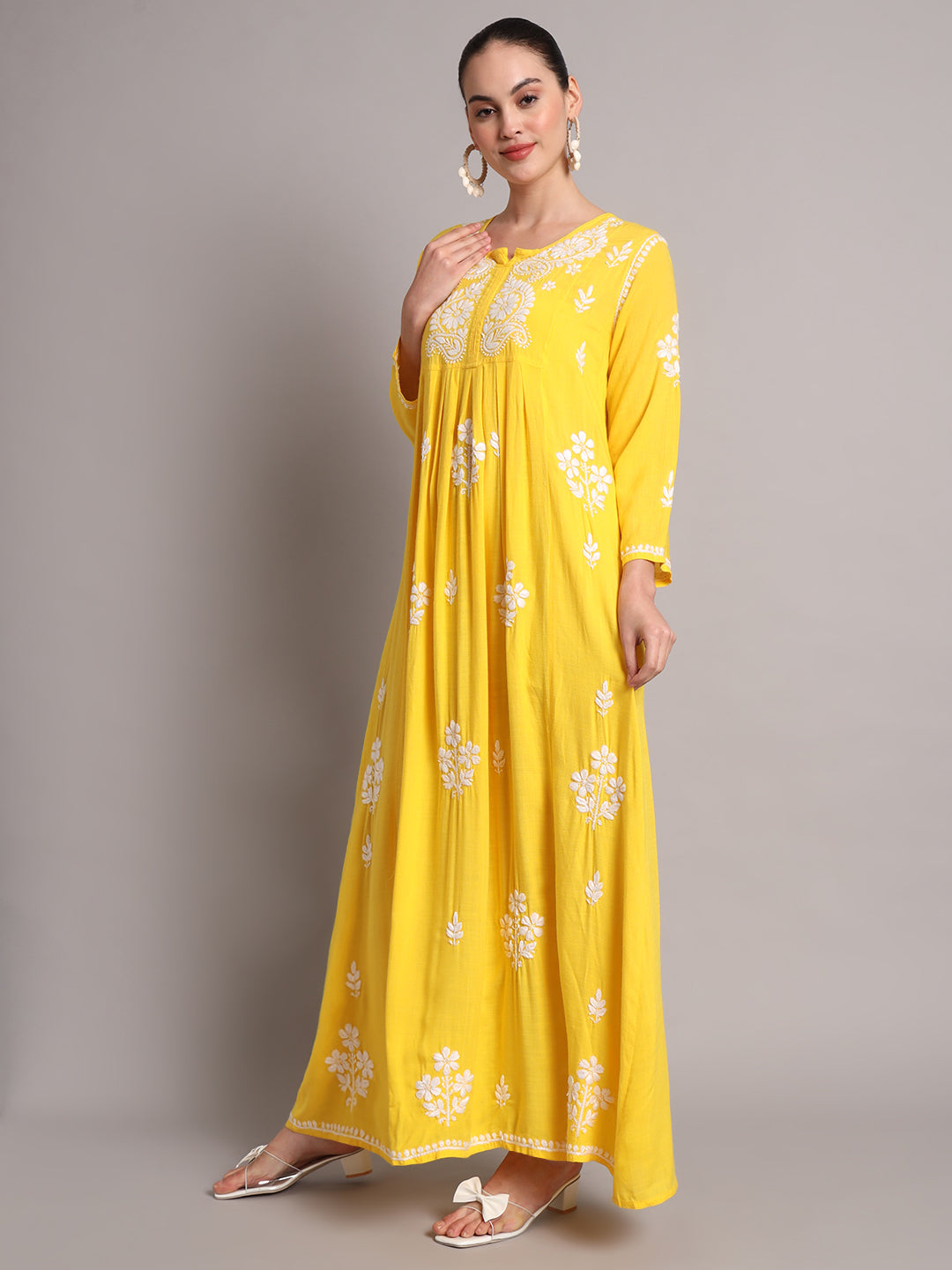 Hand Embroidered Chikankari A-Line Gathering Pattern Rayon Jalabiya-AL4012 Yellow
