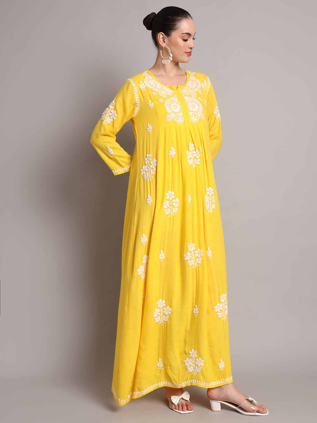 Hand Embroidered Chikankari A-Line Gathering Pattern Rayon Jalabiya-AL4012 Yellow