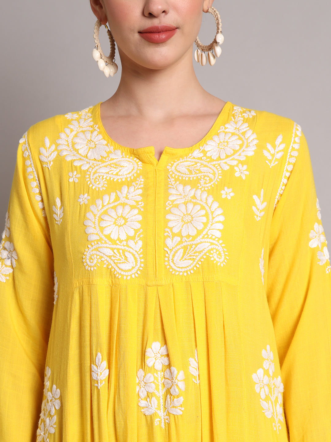Hand Embroidered Chikankari A-Line Gathering Pattern Rayon Jalabiya-AL4012 Yellow