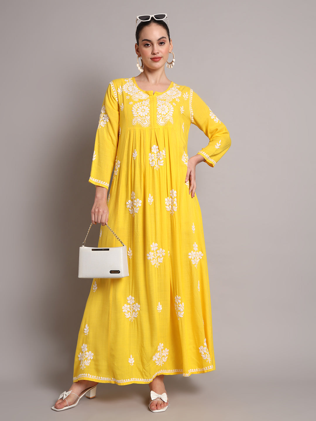 Hand Embroidered Chikankari A-Line Gathering Pattern Rayon Jalabiya-AL4012