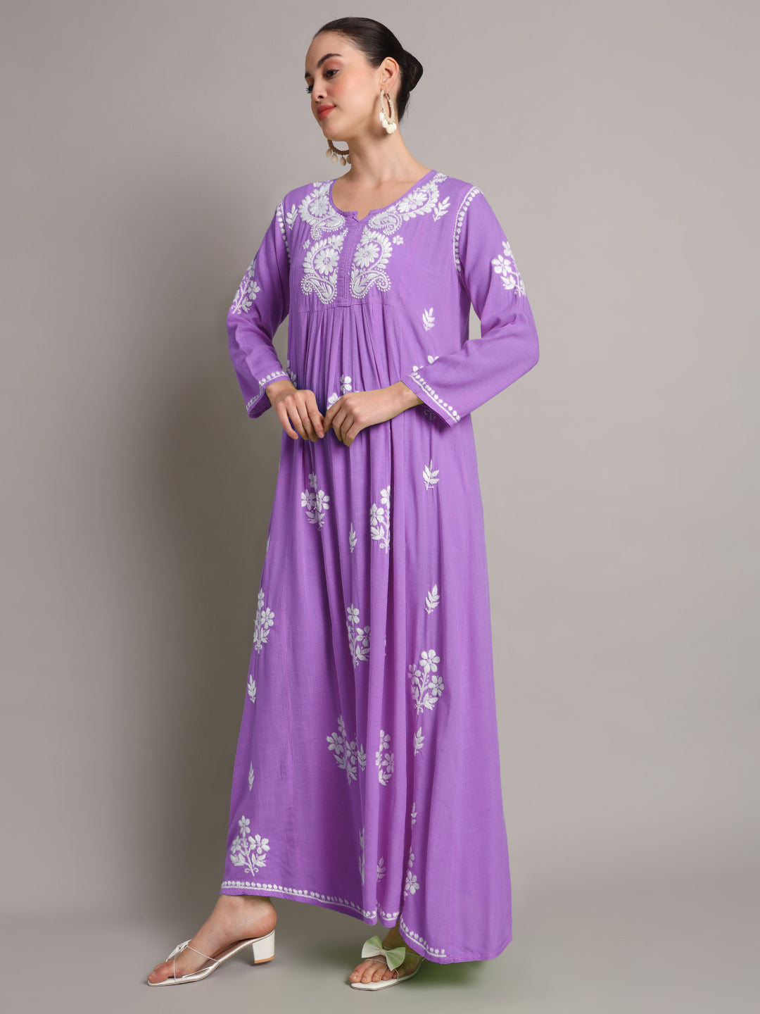 Hand Embroidered Chikankari A-Line Gathering Pattern Rayon Jalabiya-AL4012 Purple