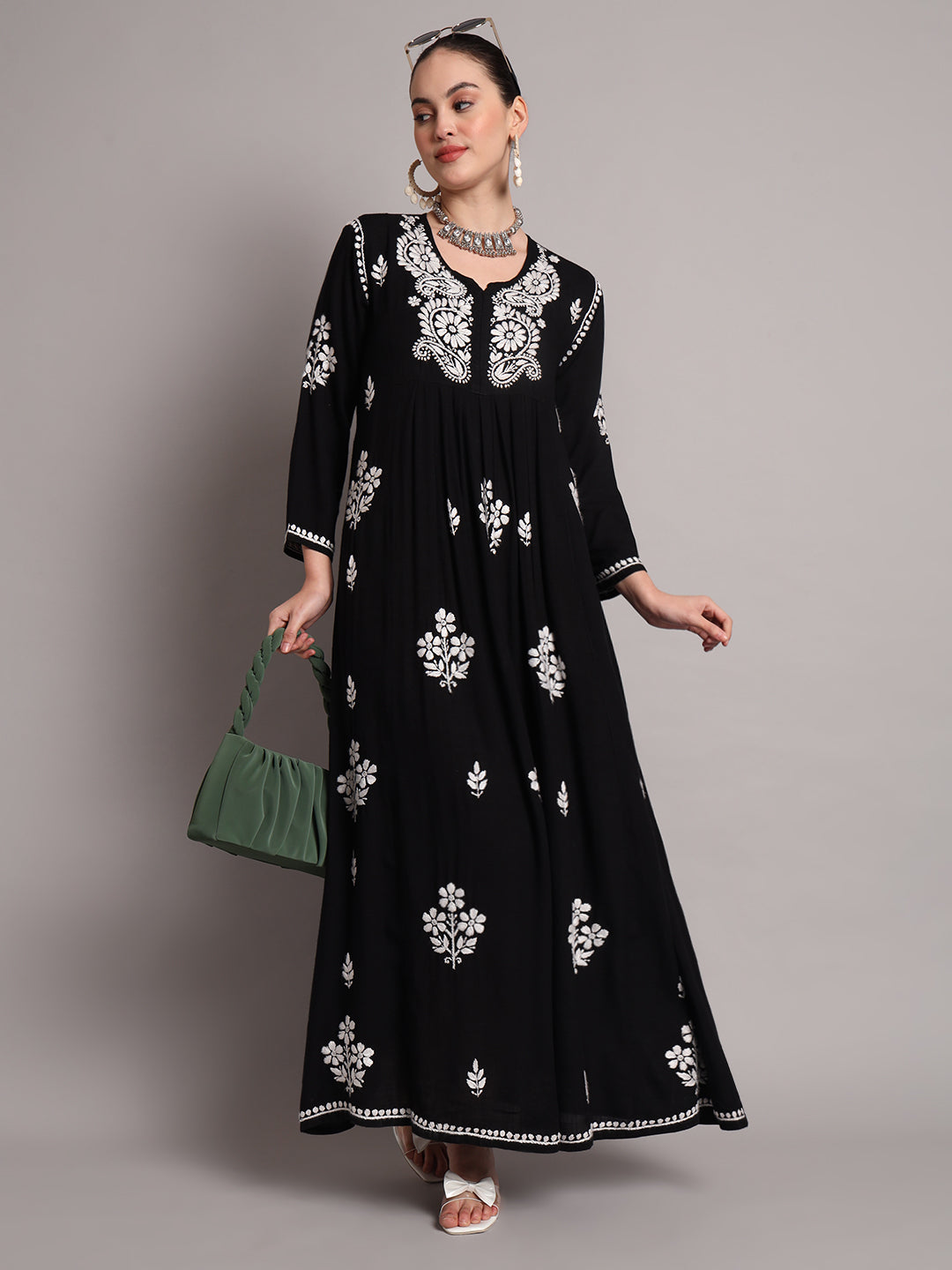 Hand Embroidered Chikankari A-Line Gathering Pattern Rayon Jalabiya-AL4012 Black
