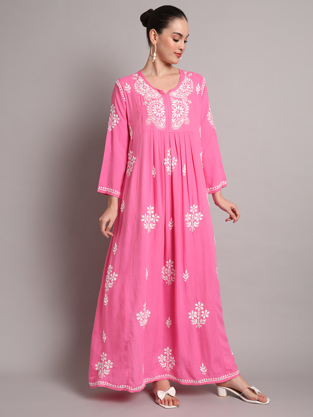 Hand Embroidered Chikankari A-Line Gathering Pattern Rayon Jalabiya-AL4012 Hotpink