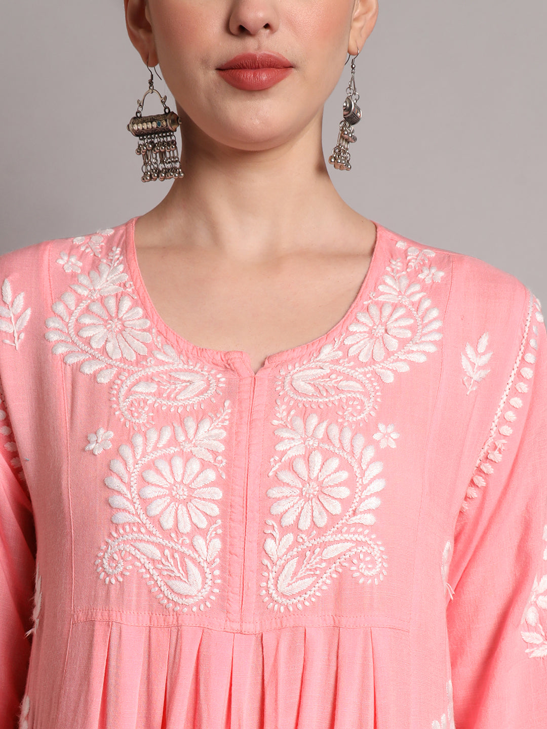 Hand Embroidered Chikankari A-Line Gathering Pattern Rayon Jalabiya-AL4012 Peach