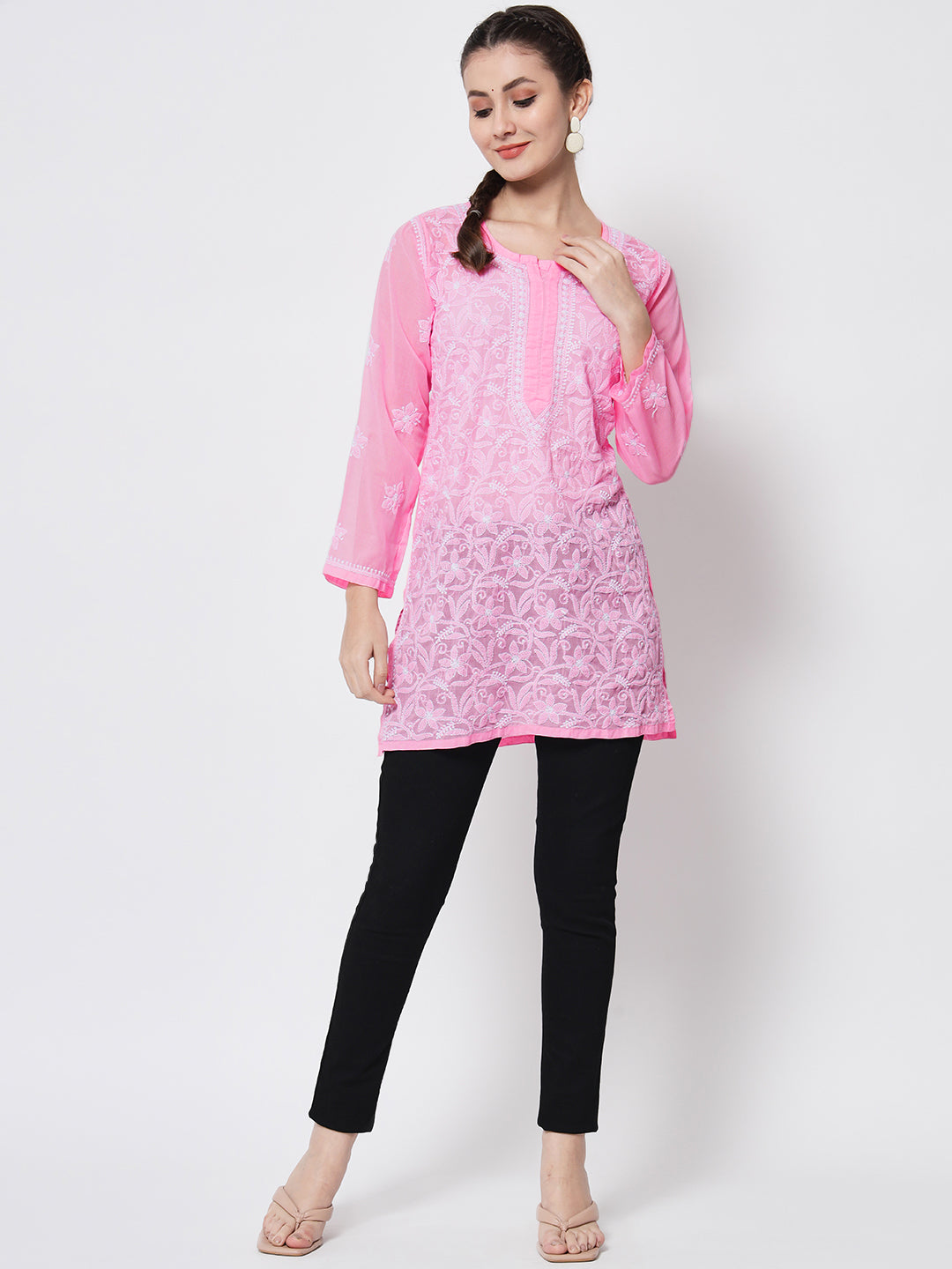 Hand Embroidered Chikankari Cotton Straight Tunic-AL3591 Darkpink