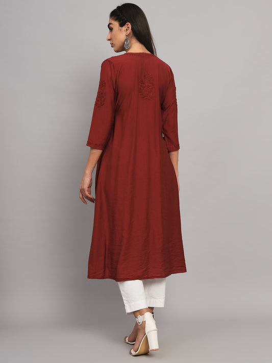 Hand embroidered floral pleated chikankari kurta AL3608 Brown