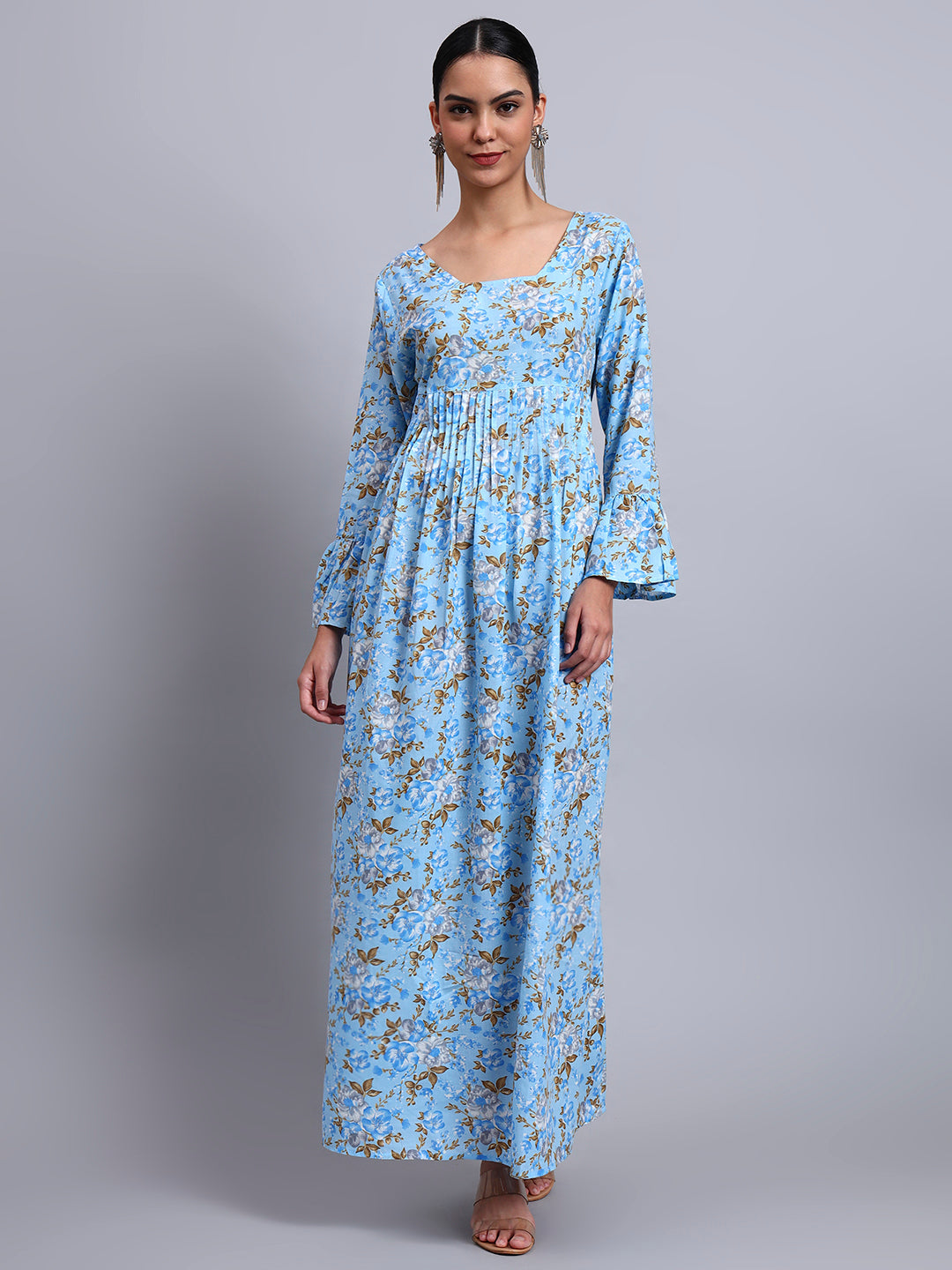 Women Green Floral Printed Cotton Jalabiya with Flared Sleeves & Round Neckline-AL4045 Denimblue