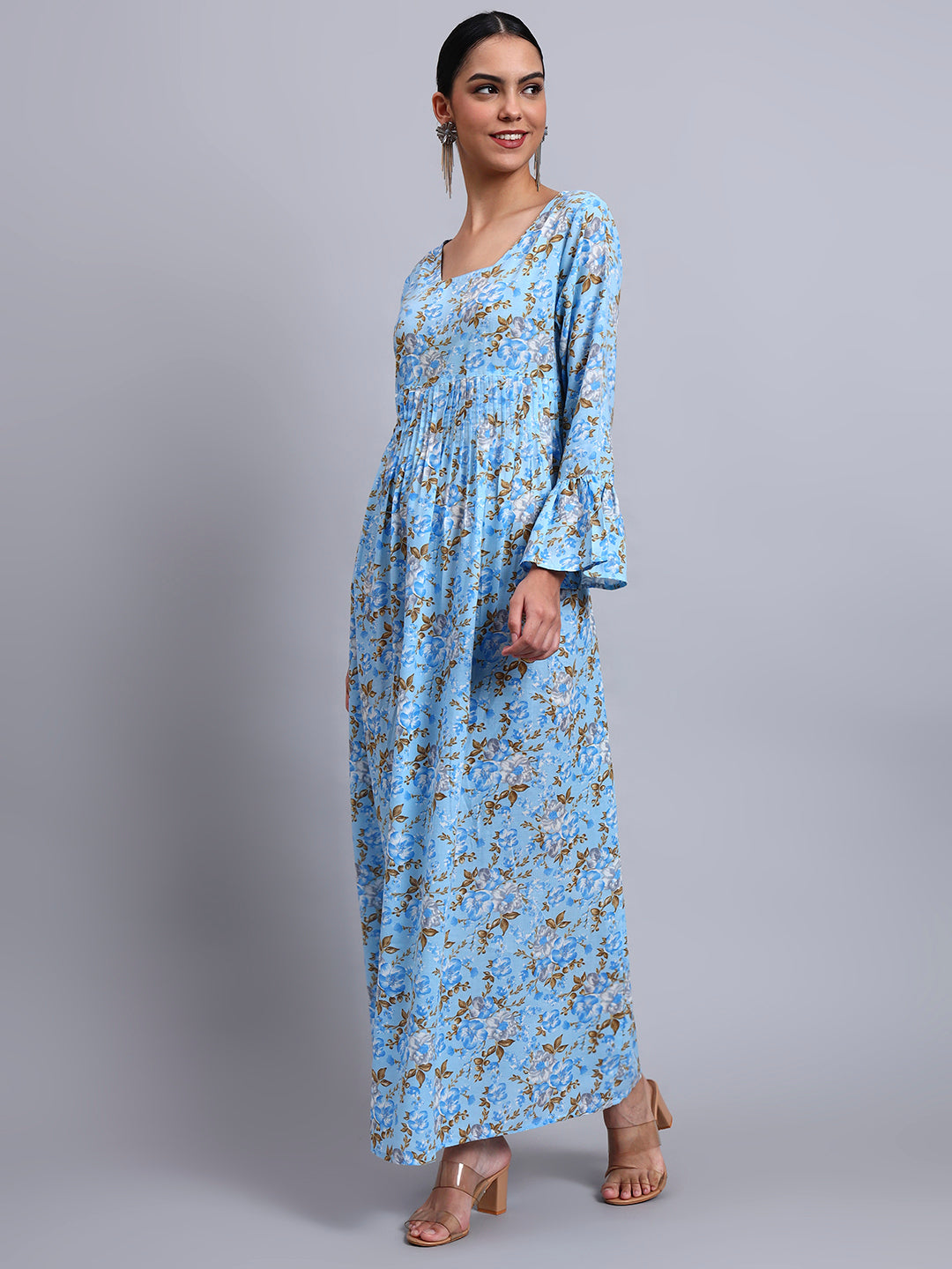 Women Green Floral Printed Cotton Jalabiya with Flared Sleeves & Round Neckline-AL4045 Denimblue