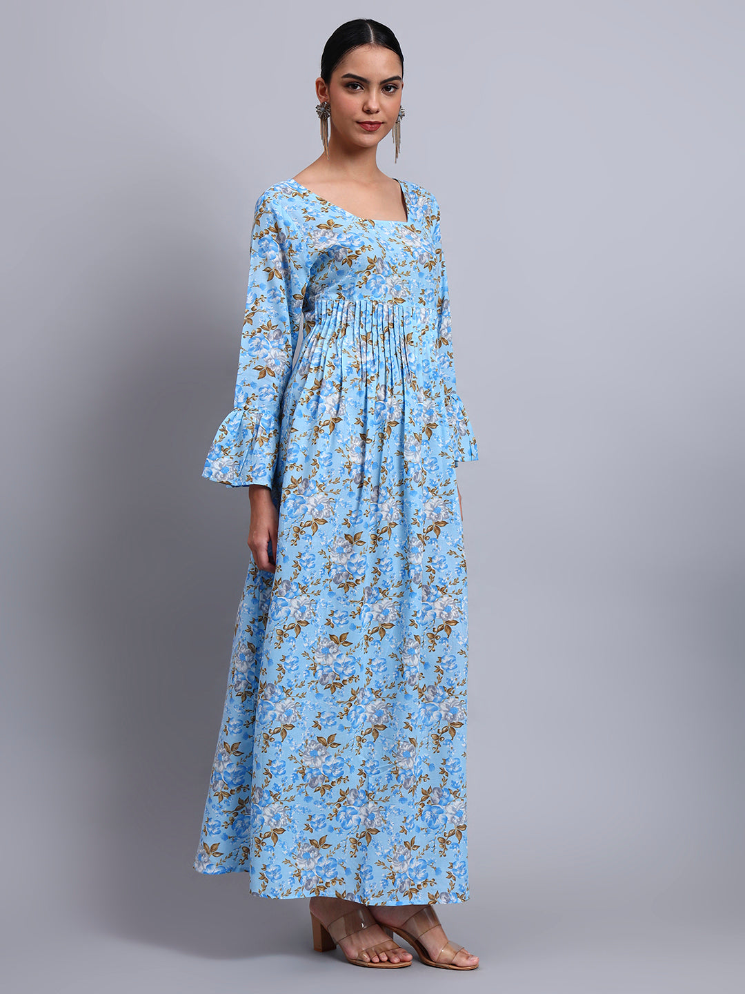 Women Green Floral Printed Cotton Jalabiya with Flared Sleeves & Round Neckline-AL4045 Denimblue