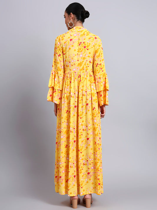 Women Embroided Floral Printed Rayon Jalabiya-AL4098B Yellow