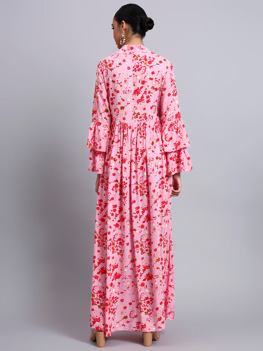 Women Embroided Floral Printed Rayon Jalabiya-AL4098B Pink