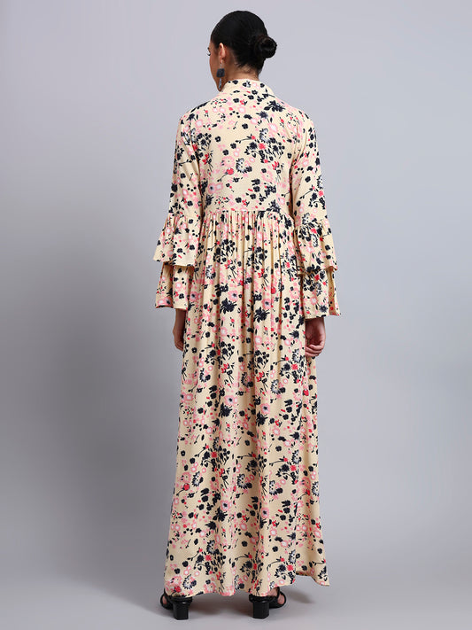Women Embroided Floral Printed Rayon Jalabiya-AL4098B Biege
