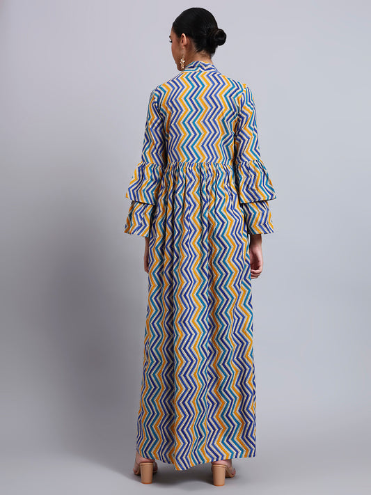 Women Embroided Mul Printed Cotton Jalabiya-AL4098A Blue