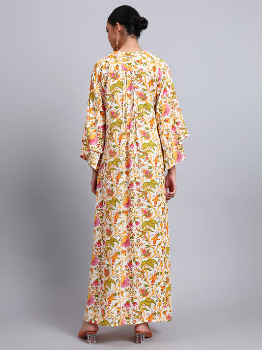 Women Floral Printed Rayon Jalabiya with Flared Sleeves-AL4005A Yellow