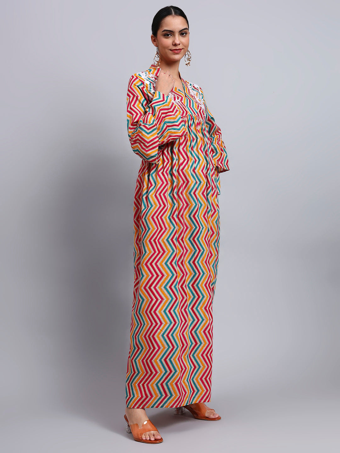 Women Embroided Mul Printed Cotton Jalabiya-AL4098A Magenta