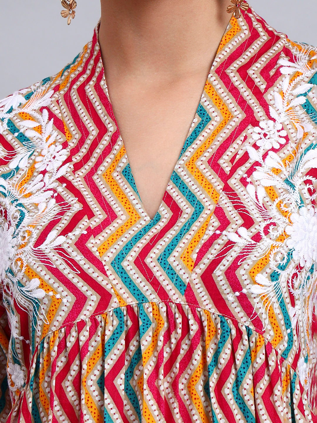 Women Embroided Mul Printed Cotton Jalabiya-AL4098A Magenta