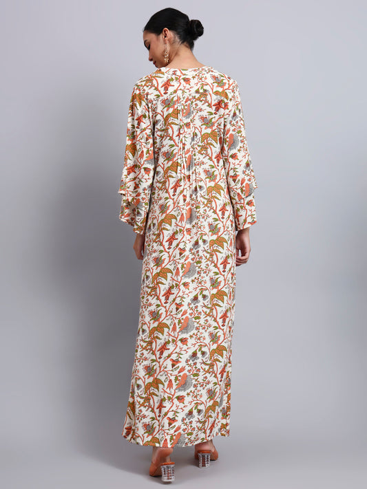 Women Floral Printed Rayon Jalabiya with Flared Sleeves-AL4005A Orange