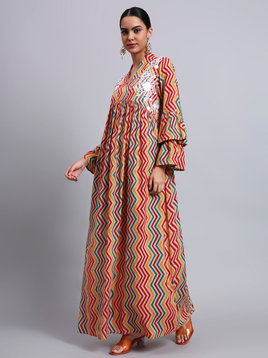 Women Embroided Mul Printed Cotton Jalabiya-AL4098A Red