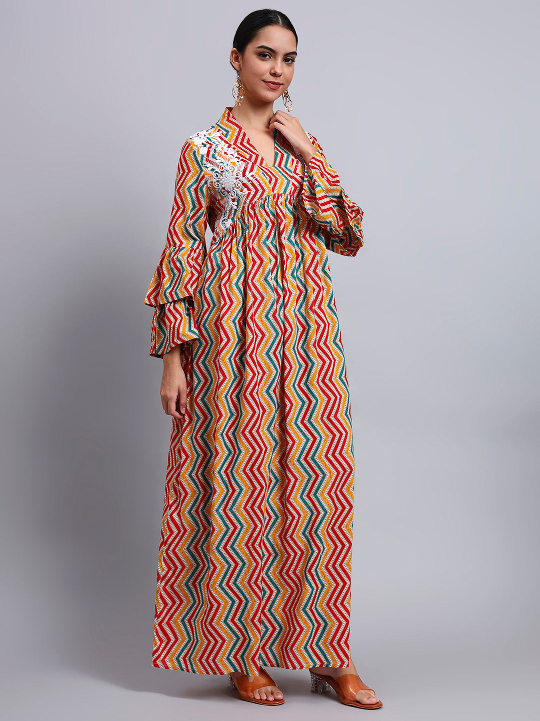 Women Embroided Mul Printed Cotton Jalabiya-AL4098A Red