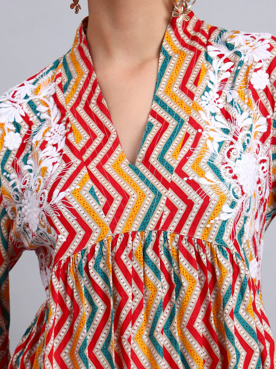 Women Embroided Mul Printed Cotton Jalabiya-AL4098A Red