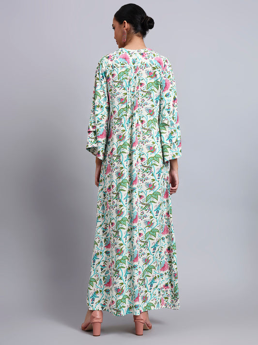 Women Floral Printed Rayon Jalabiya with Flared Sleeves-AL4005A Seagreen