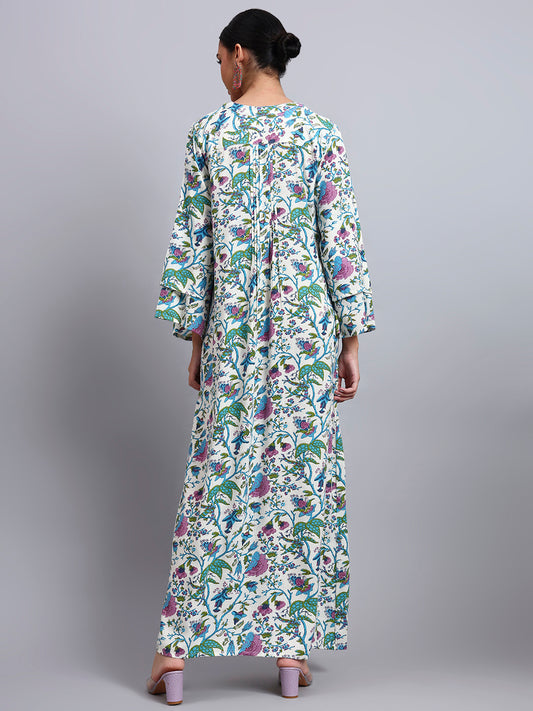 Women Floral Printed Rayon Jalabiya with Flared Sleeves-AL4005A Blue